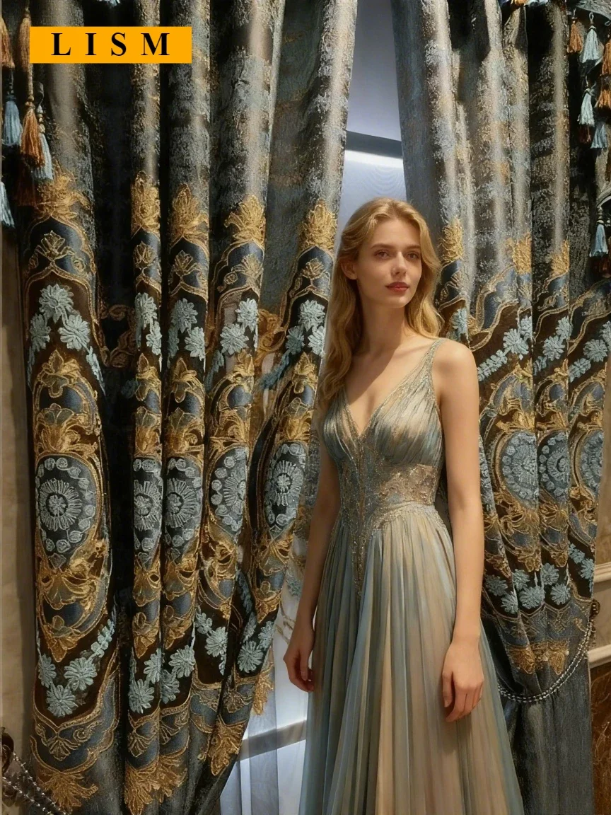 

Luxury Hollow Embroidered Curtains for Living Room Bedroom Blackout European Chenille Fabric Decor Custom Valance Elegant Tulle