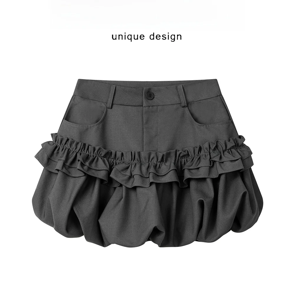 달콤하고 매콤한 레트로 블룸 스커트 퍼프 하프 길이 한국 스타일 하이 웨이스트 스플 라이스 레이스 봄 여름 여성 패션 스커트