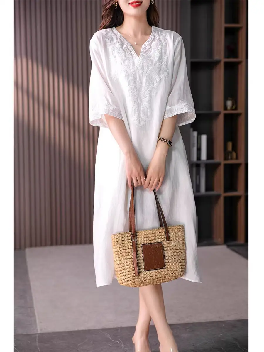 Women Casual Two Pieces Dress 2024 Summer Ramie Cotton Slimming Suspender Embroidery White Loose Long Dress Female Clothes X1169