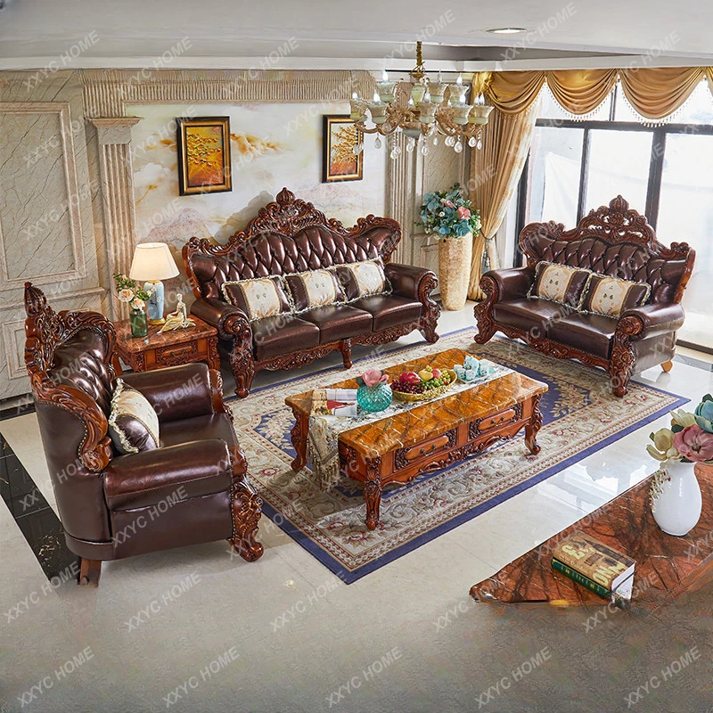 European-Style Sofa Top Layer Leather Large Apartment Villa Living Room Full Solid Wood Double-Sided Carved