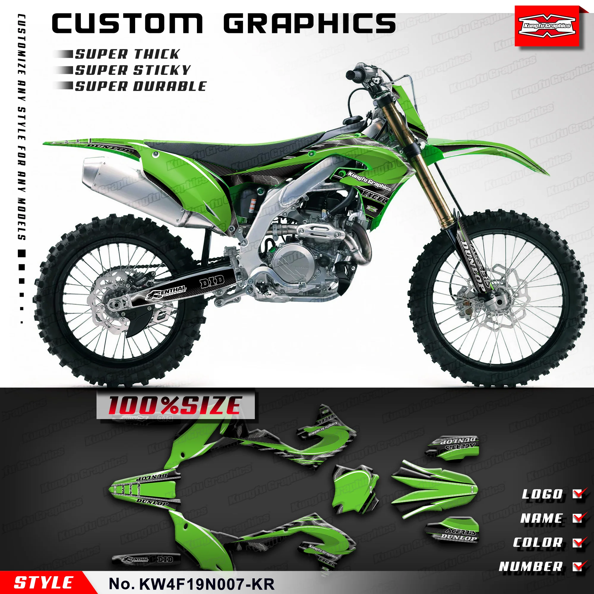 

KUNGFU GRAPHICS Stickers Set Vinyl Wrap for Kawasaki KX450F KX250F KXF450 KX250X 2019 2020 2021 2022 2023, KW4F19N007-KR