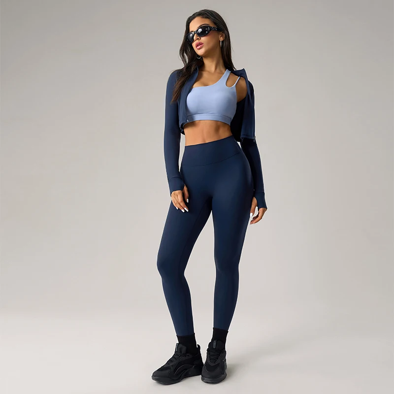 Women Nude Feel Stand Collar Long Sleeve Short Coat Yoga Set,High Waist Hip Lift Tight Nine-point Pants,Fitness Workout Activewe