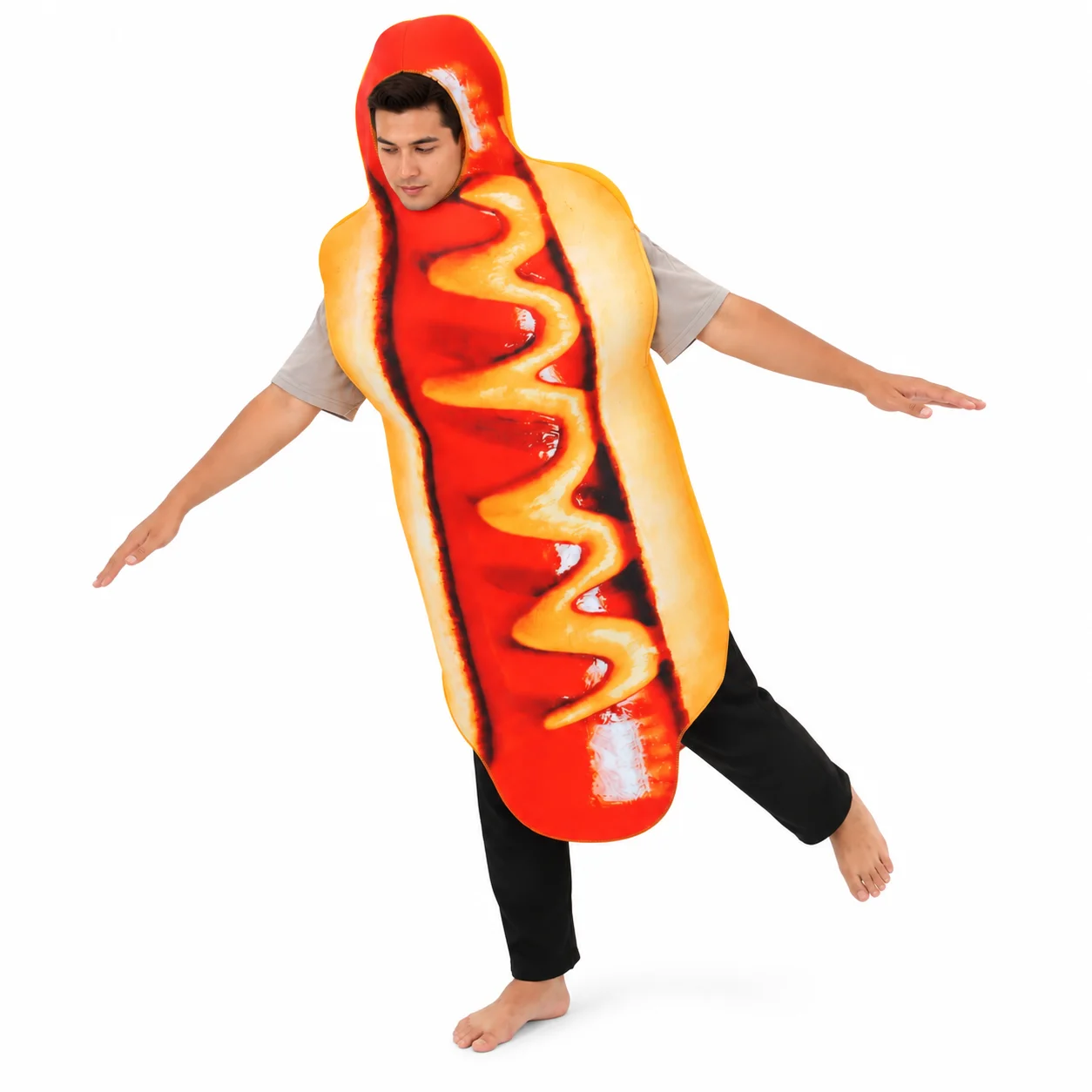 Disfraz divertido para adultos con estampado 3D de comida, salchicha y perrito caliente, ideal para Halloween, para hombres, mujeres y toda la familia, disfraz de una sola pieza para carnaval, disfraz de comida.