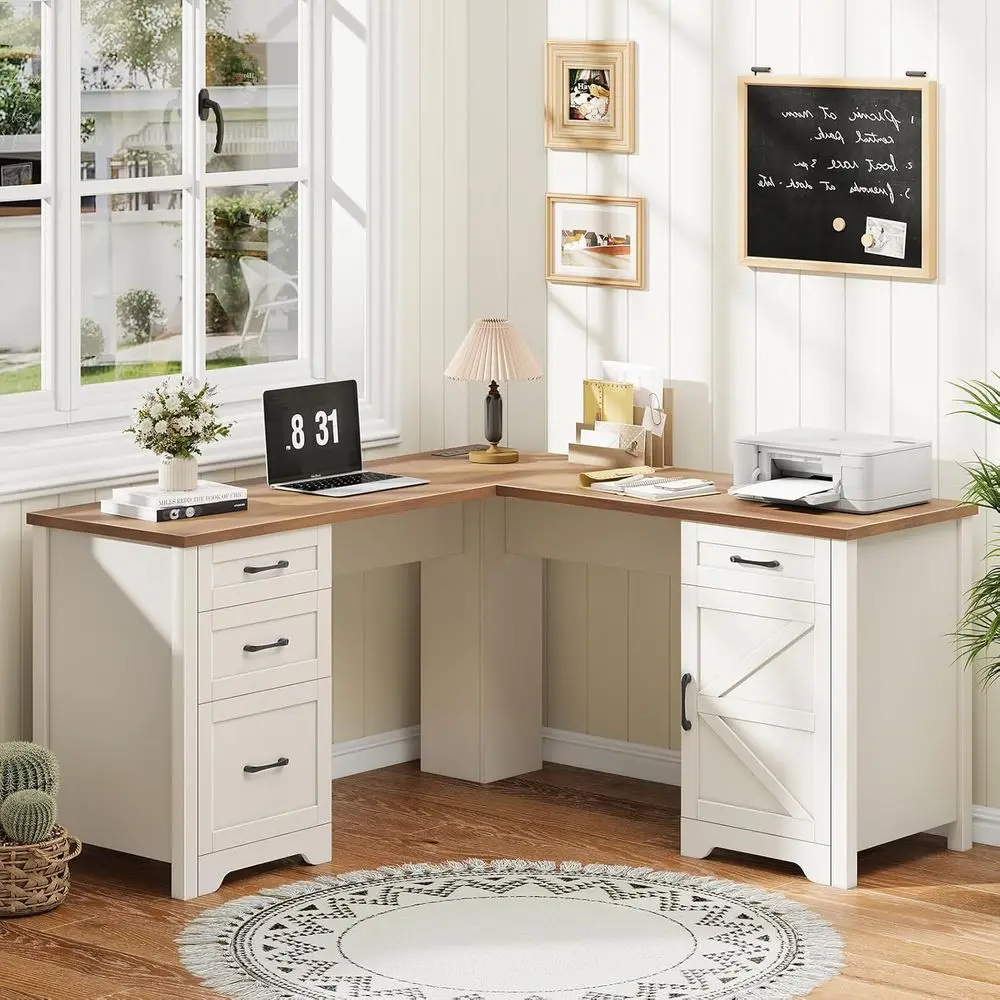 

L-Shaped 59 Executive Desk with Power Outlets, Home Office Desk with File Drawer, Storage Cabinet, Sturdy Wood Writing Workstati