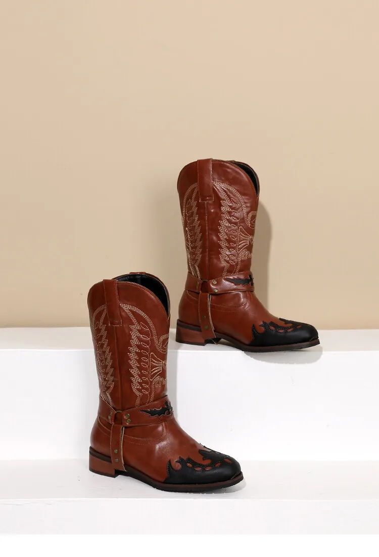 

Vintage Brown Leather Cowboy Boots with Intricate Embroidery and Buckle Decoration Stylish Mid-Calf Western Riding Boots