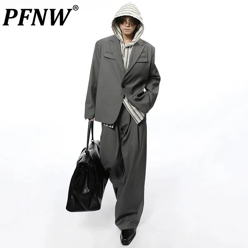 

PFNW Two-piece Suit Set American Casual Lapel Single Breasted Spliced Jacket Men's Loose Straight Leg Pants Autumn Chic 28W4294