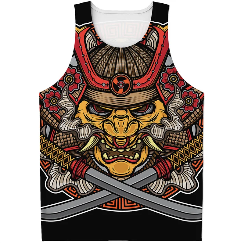 Japanese Samurai 3D Printed Tank Top For Men Personality Retro Mask Graphic T-shirt Tops Street Sleeveless Tees Male Vest