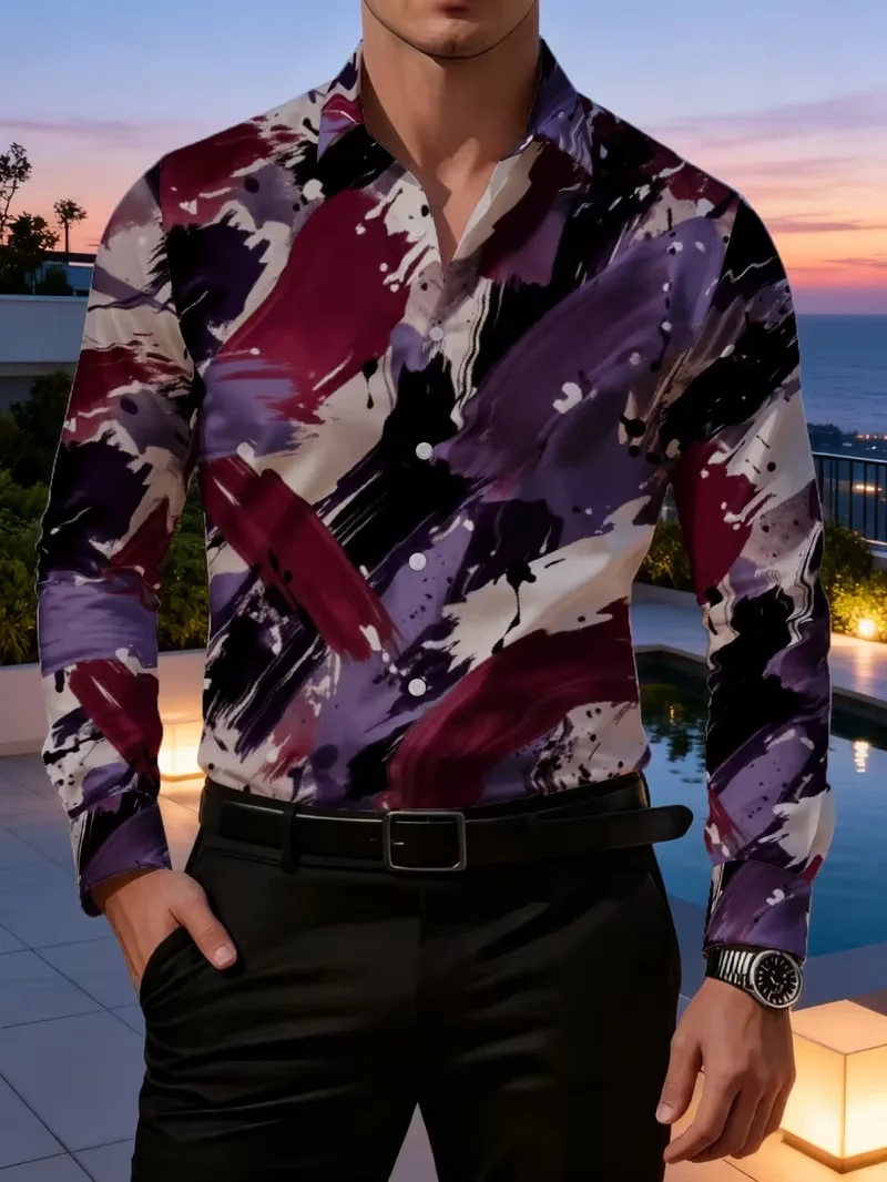 New black flame explosion tie dye 3D printed pattern long sleeved shirt trendy cool street men's casual shirt