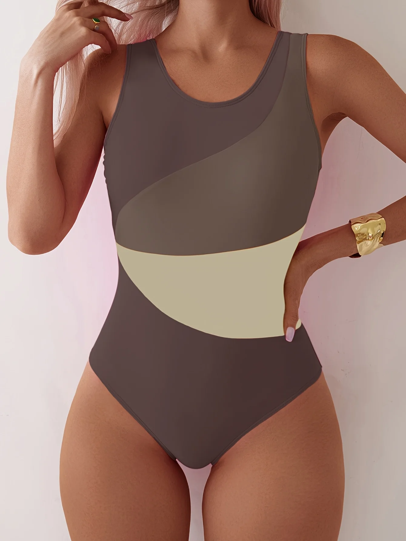 Traje de baño de una pieza de cintura alta para mujer: diseño de bloques de color, tela de secado rápido, playa, piscina o deportes acuáticos