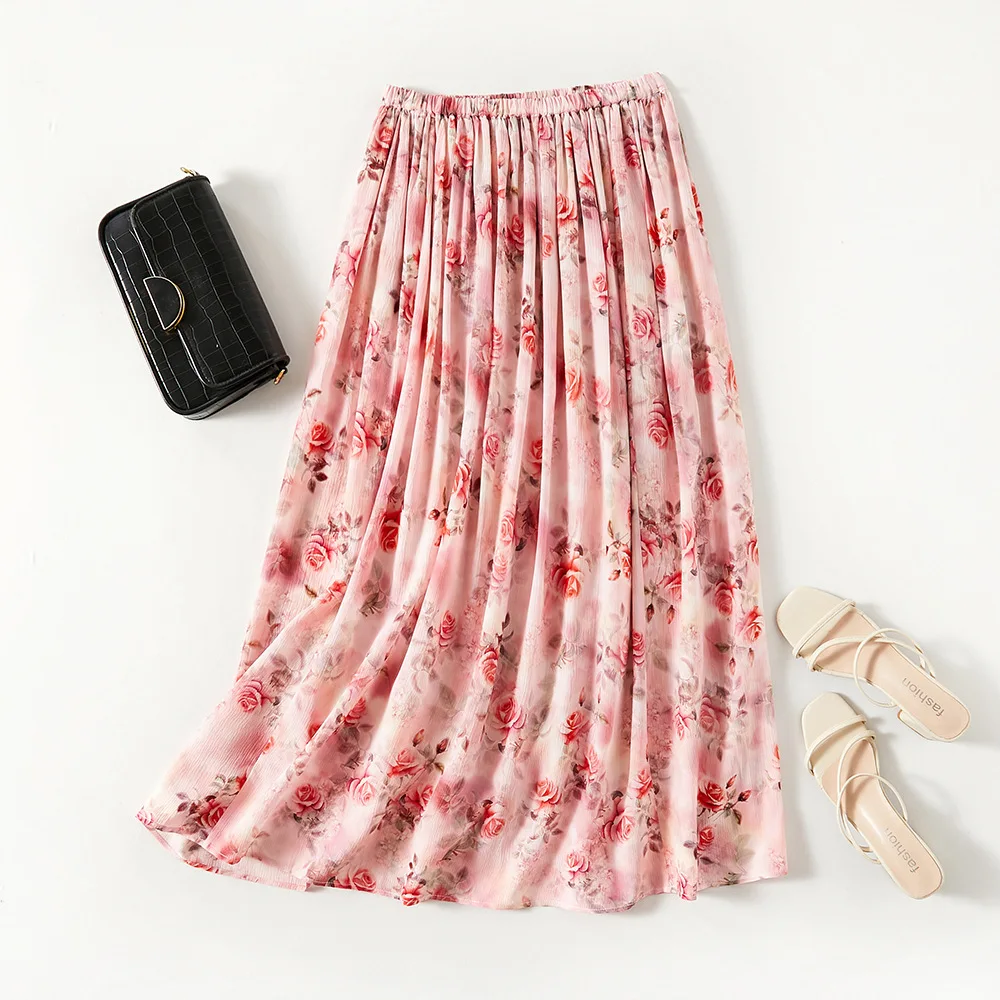 Winsleter, 100%Real Silk Elegant Skirts, Women Elastic Waisted Rose Printed, Vacation OL A-line Skirt, 2024 Summer Fall B46827QC