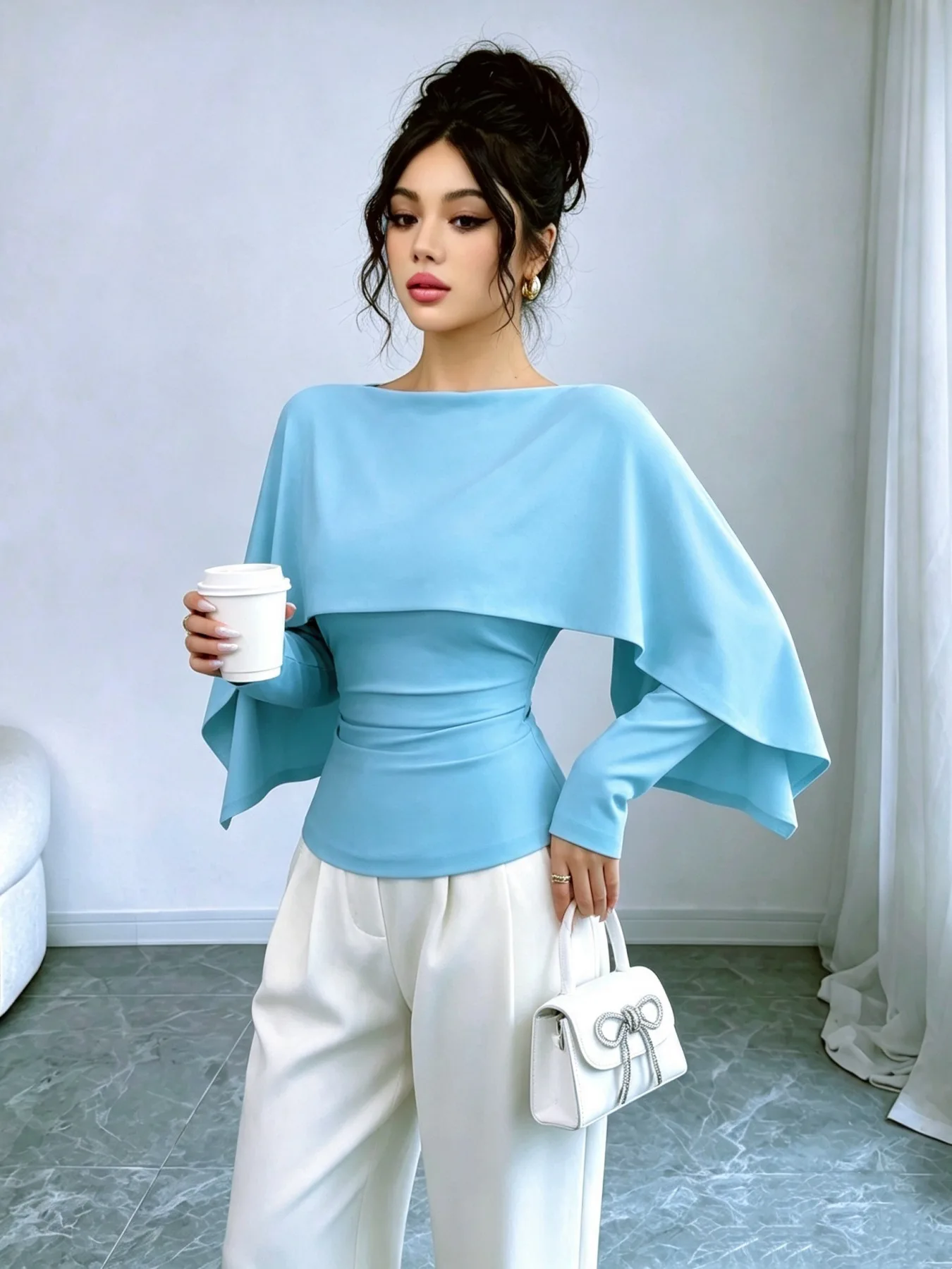 Elegante, schlanke, einfarbige Cape-Bluse für Damen, langärmelig, zweiteilig aussehend, figurbetont, schick, für Büro, Abend, Party, Dating, Alltag. – Detail 18