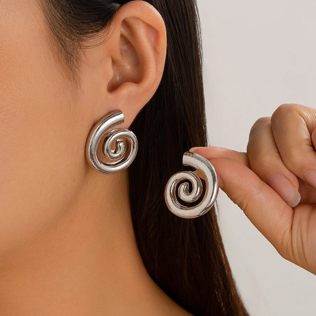 Simple Alloy Spiral Glossy Stud Earrings Fashion Gold Color Women\'s Earrings Trendy Jewelry Gift Wholesale