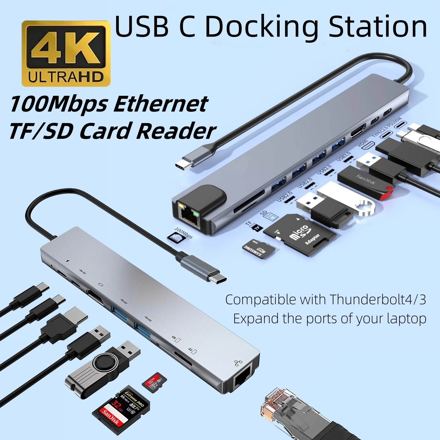 USB C Docking Station with 4K@30Hz HDMI-compatible 100Mbps Ethernet PD100W Multi-port USB Splitter Hub for Thunderbolt3/4 Laptop