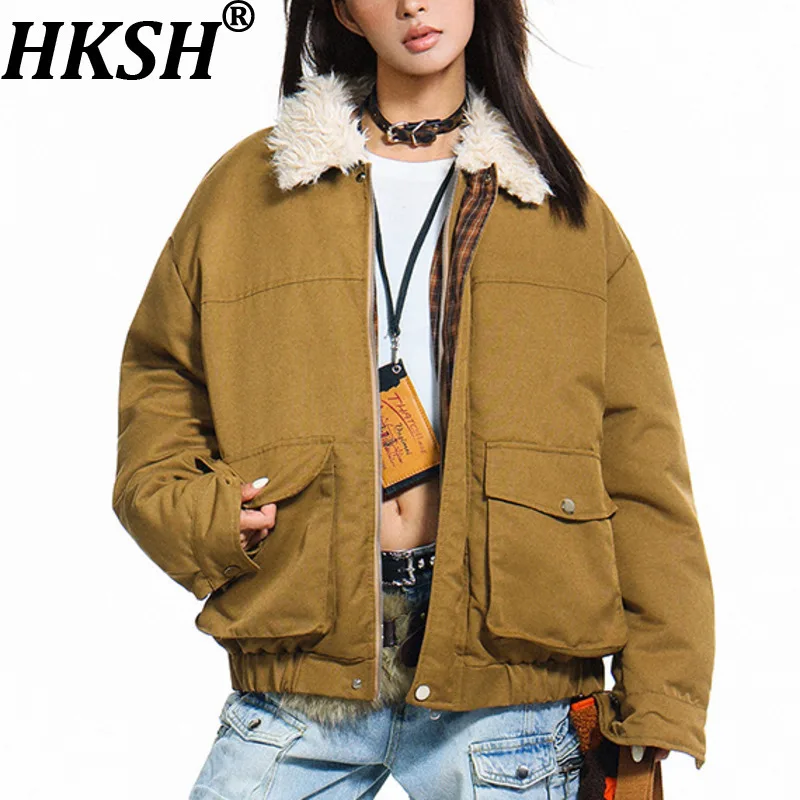 

HKSH 2025 Winter New Women's Warm Jacket Turn-down Collar Zipper Pockets Unisex Retro Thickened Warm Couple Padded Coats HK14704