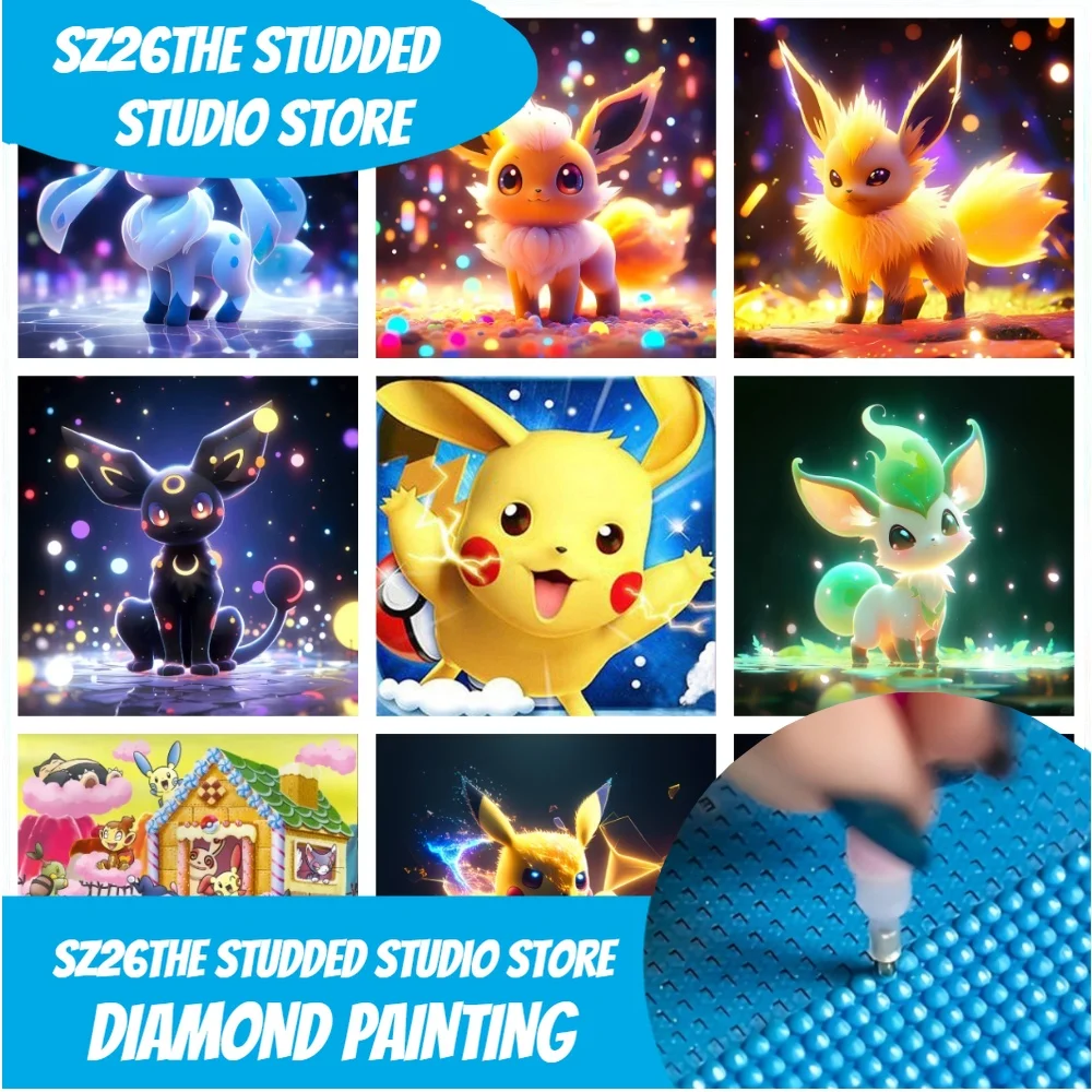 

Sz26The Studded Pokemon 5D DIY Round Diamond Painting Kits Pikachu Cute Cartoon Eevee Diamond Embroidery Mosaic Home Decor Kids