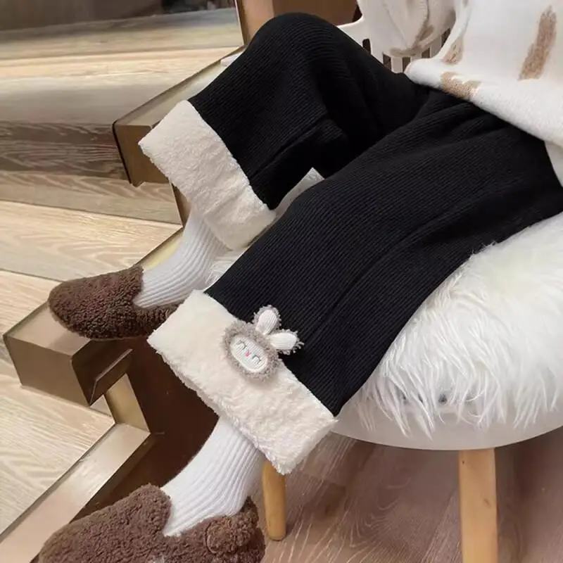 Kawaii Casual Long Pants Fashion Children S Clothing Girls Fleece Lined Warm Winter Pants Fluffy Wide Leg Long Pants Loose