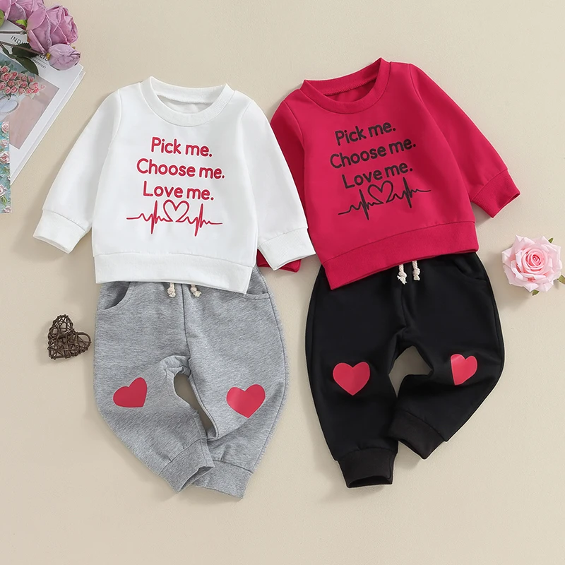 

2023-11-16 Lioraitiin Toddler Baby Boys Valentine's Day Outfits Letter Print Long Sleeve Sweatshirts+Heart Print Long Pants Set