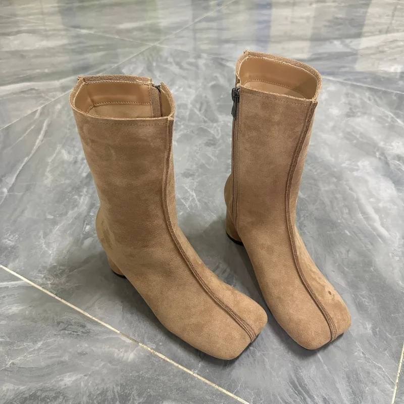 Women's Suede Round Toe Ankle Boots Mid-heel Booties Back Zipper Fashion Spring Autumn Versatile Dress Boots Office Ladies