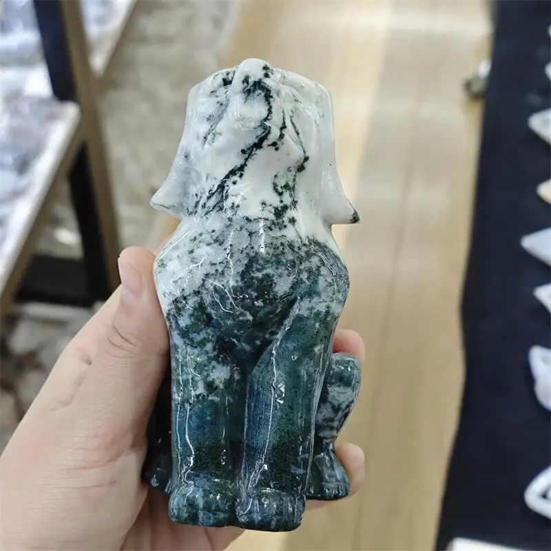 Natural Moss Agate Dog Carving Crystal Healing Fengshui Gemstones Home Decoration Holiday Gift 1PCS