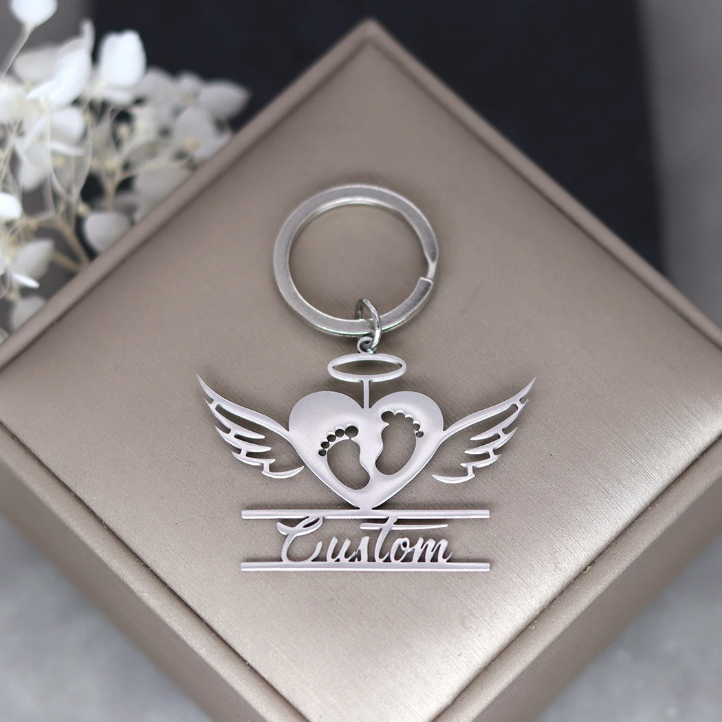 QIMING Baby Foot Love Heart Wings Customized Name Keychain For Women Men Stainless Steel Pendant Keyring Jewelry Gift