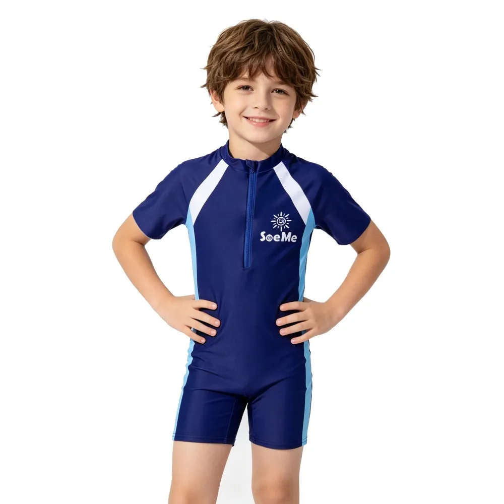 Traje de Baño Deportivo de Una Pieza con Rayas Rosas para Niñas, Traje de Baño de Manga Corta con Cierre para Niños, Secado Rápido, para Playa