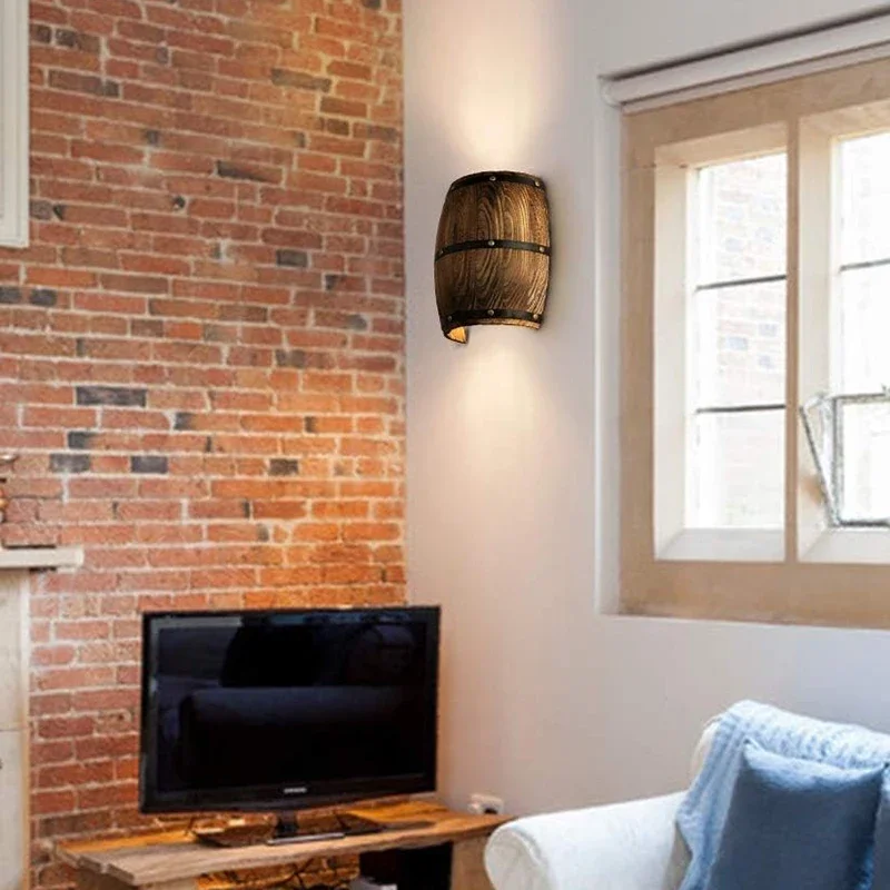 Retro wood barrel wall lamp fixtures lamp for bedroom indoor wall light for bar stairs fireplace area steampunk theme