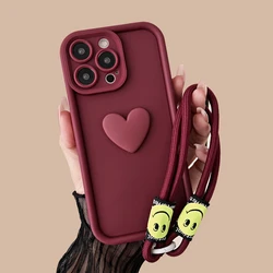 3D Love Heart Wrist Chain Phone Case For Xiaomi Mi POCO X6 Pro X5 X3 NFC F6 M6 Pro NFC POCO C65 C75 Silicone Strap Lanyard Cover