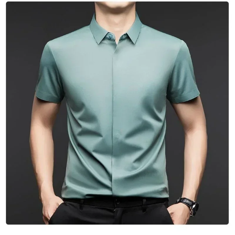 High End Mulberry Silk Dress Shirts Business Men Wrinkle Resistant Button Invisible Elastic Tops Luxurious Male Quality Clothing