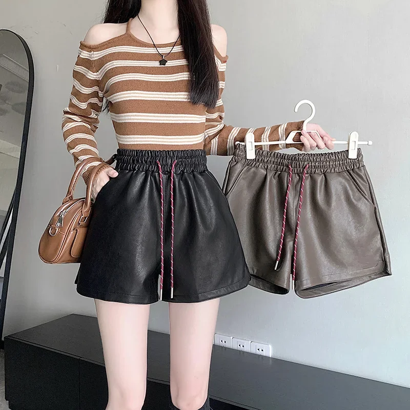 2024 New Black High Waisted Slimming Wide Leg Shorts with A-line Coffee Colored Leather Shorts Pantalones Cortos De Moda 30890