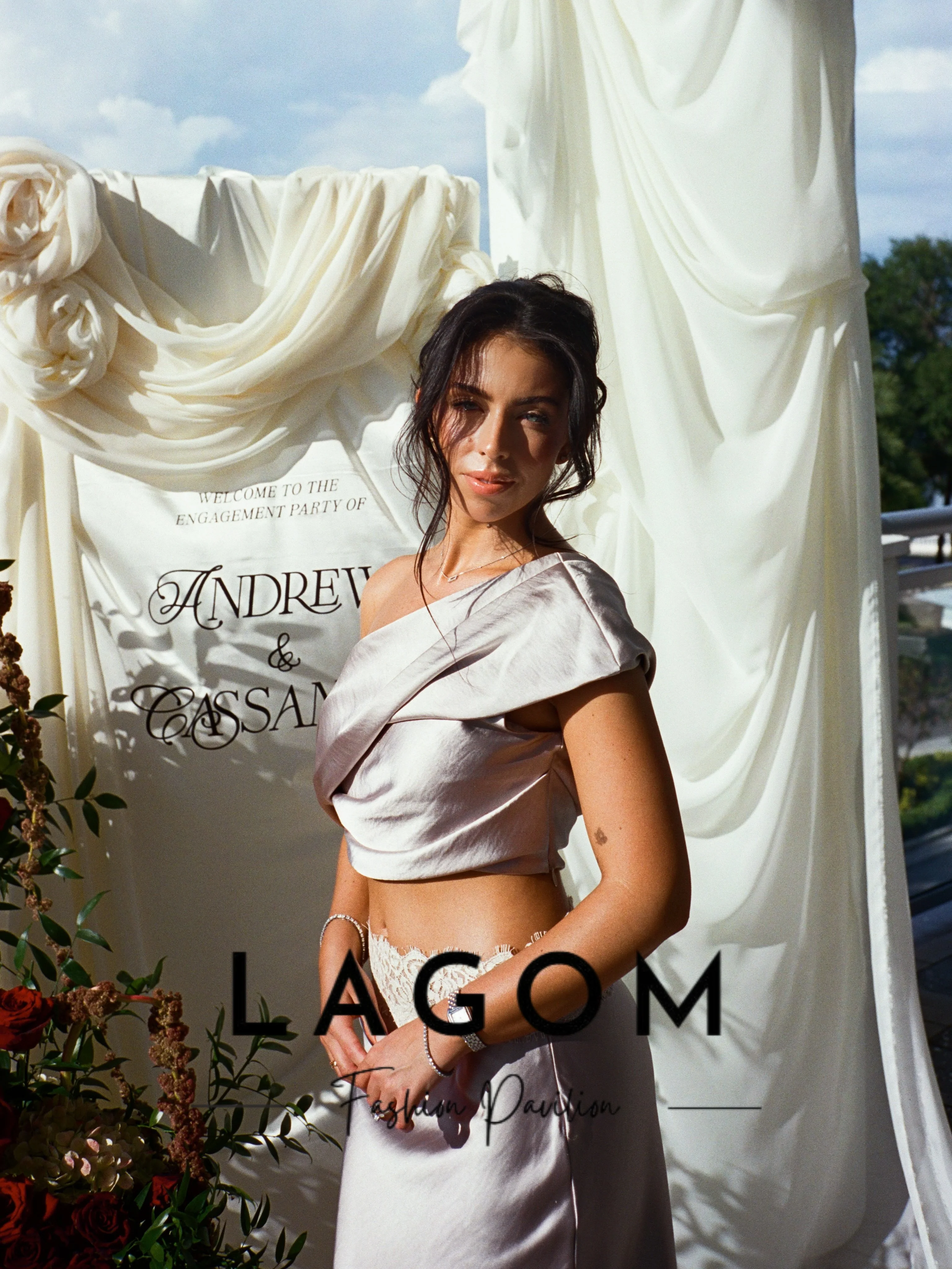 Lagom Elegant 2Pcs Engagement One‑Shoulder Unique Top High Lace Waist Floor Length Skirt Exquisite شارون سعيد Customized