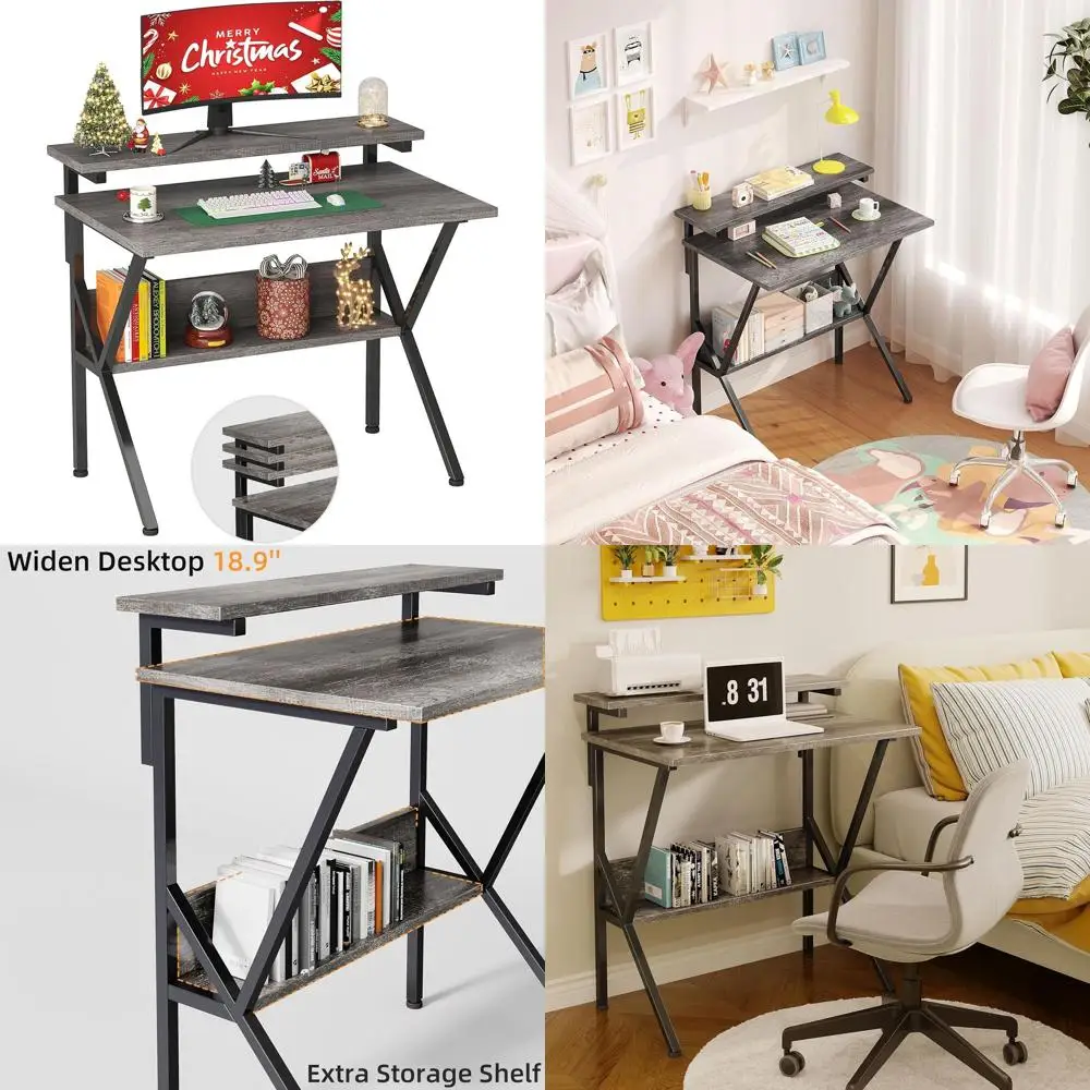 

Compact 27.5 Grey Desk with Adjustable Monitor Stand and Storage for Small Spaces