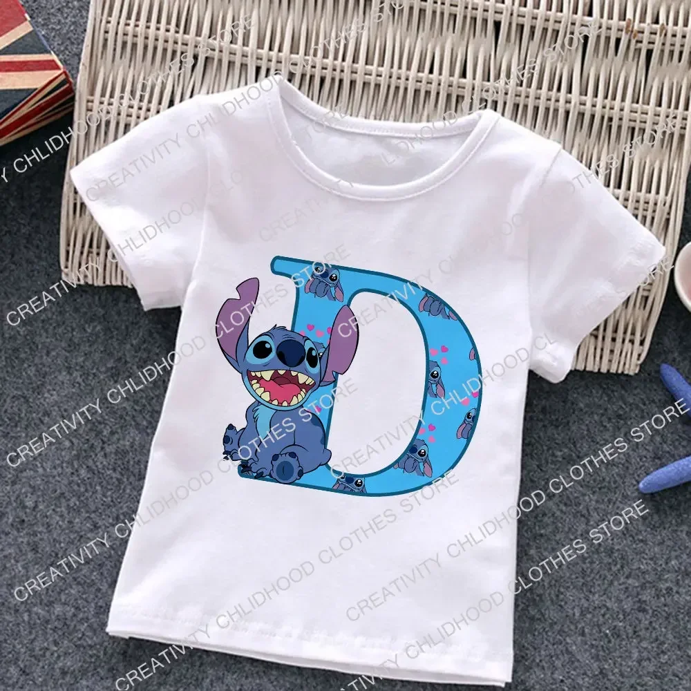 New Stitch Letter A B C D Children T-Shirt Name Combination Tee Shirts Cartoons Kawaii Kid Casual Clothes Girl Boy Harajuku Tops