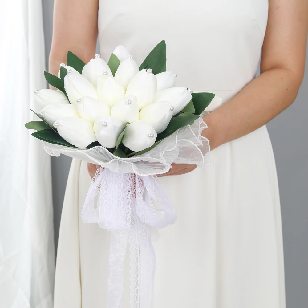 White Pearl Tulip Bridal Bouquet, Lace Bow Wedding Artificial Flower for Wedding Photography Prop Prom Gift