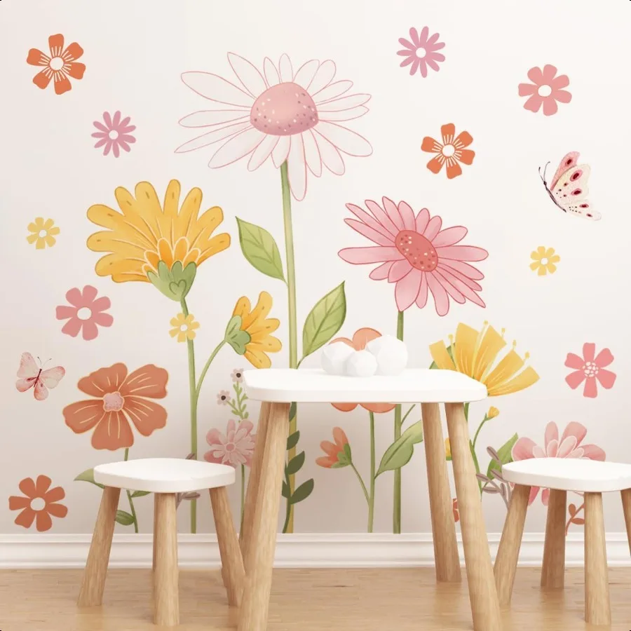 

Boho Flower Wall Stickers Daisy Butterfly Decals PVC Waterproof SelfAdhesive Floral Retro Wall Art for Bedroom Living Room TV W