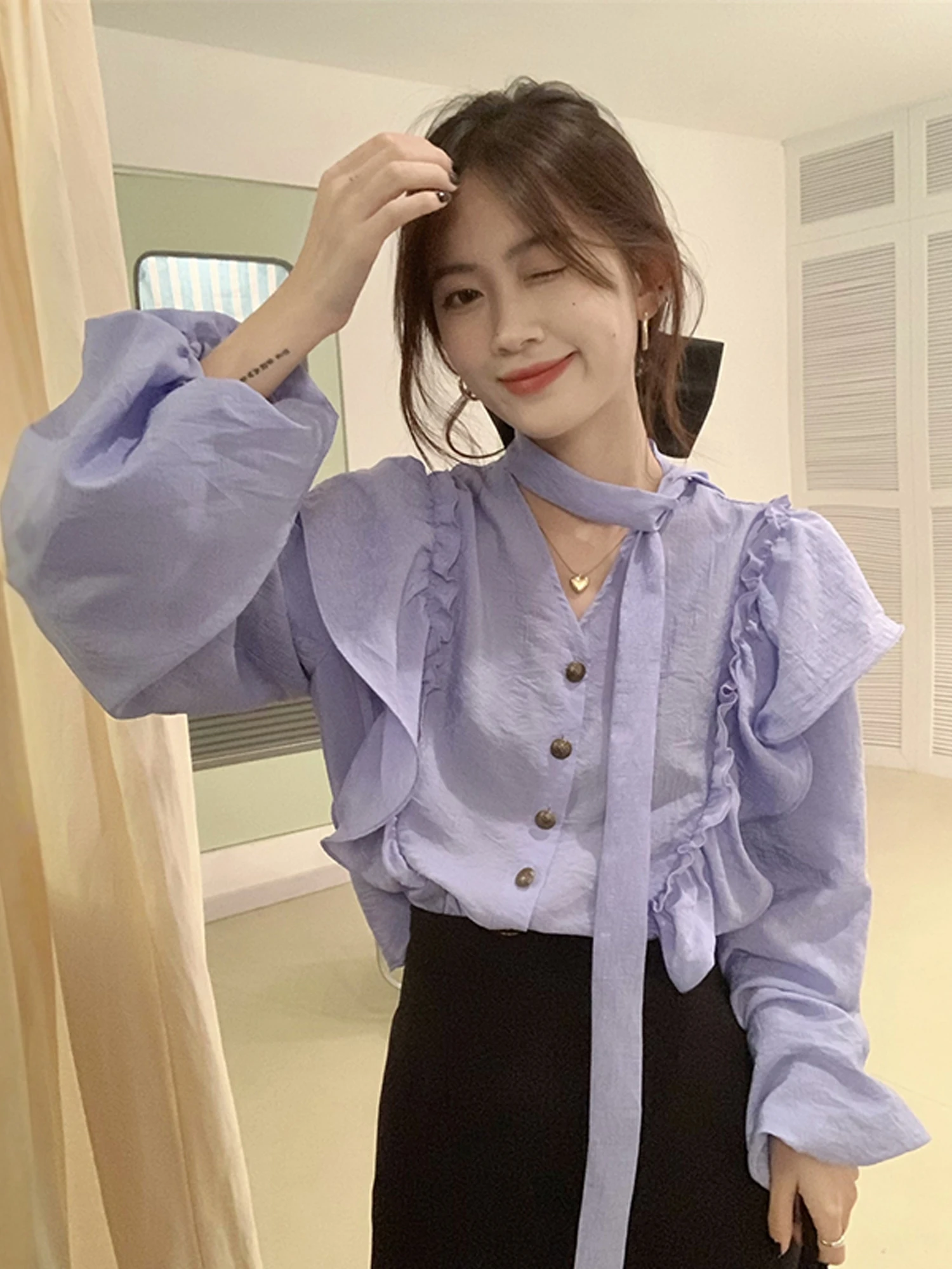 Purple Lantern Sleeve Shirt Women's Spring Autumn 2026 New Design Sensation Small Audience Shirt Chiffon Lace Hem Top