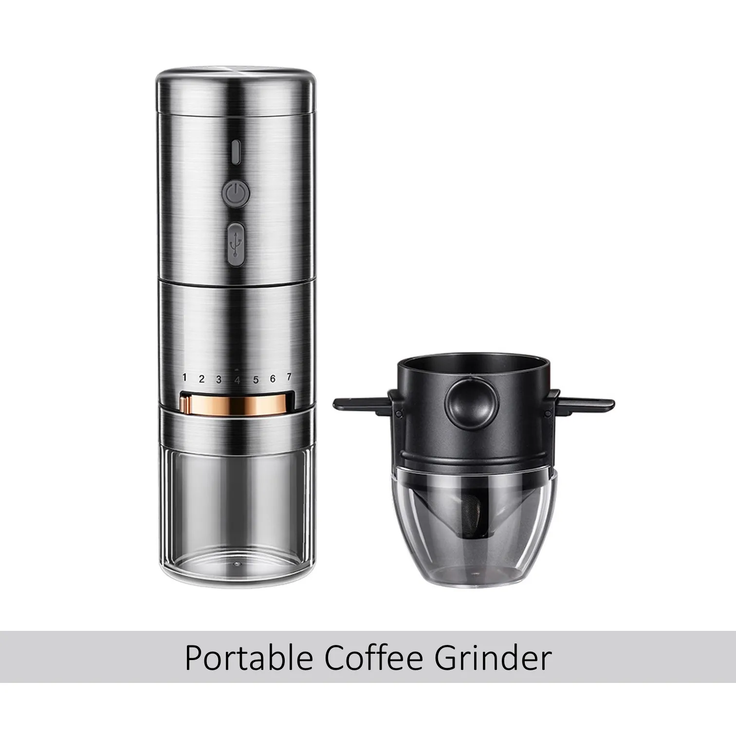 

LFGB Certificate Steel Rotor Portable Coffee Bean Grinder Rechargeable Silent 7 Gears Adjustable Mill for Office Coffee Making