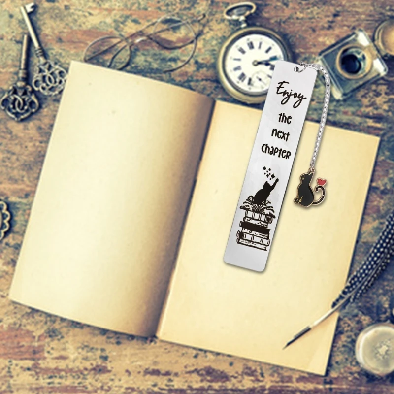 Stainless Steel Bookmarks Chain Bookmarks Cats Pendant Bookmarks Metal Book Mark