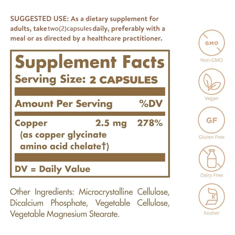 Chelated Copper - Supports Connective Tissue Such As Bones, Skin, Tendons and Cartilage