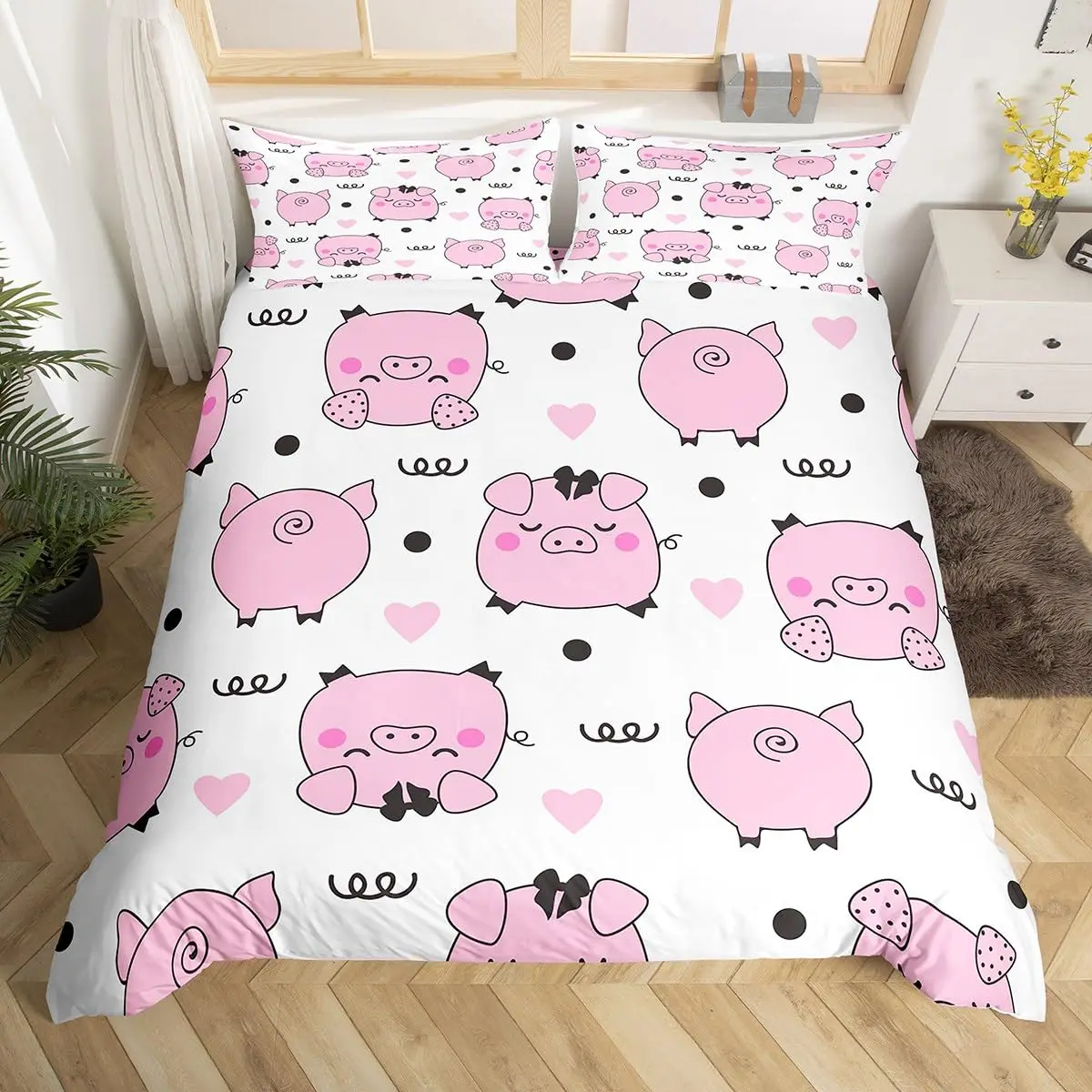 Pig Duvet Cover King Twin Lovely Cartoon Piggy Comforter Cover,Girls Pink Bedding Set Kawaii Farm Animal Microfiber Quilt Cover