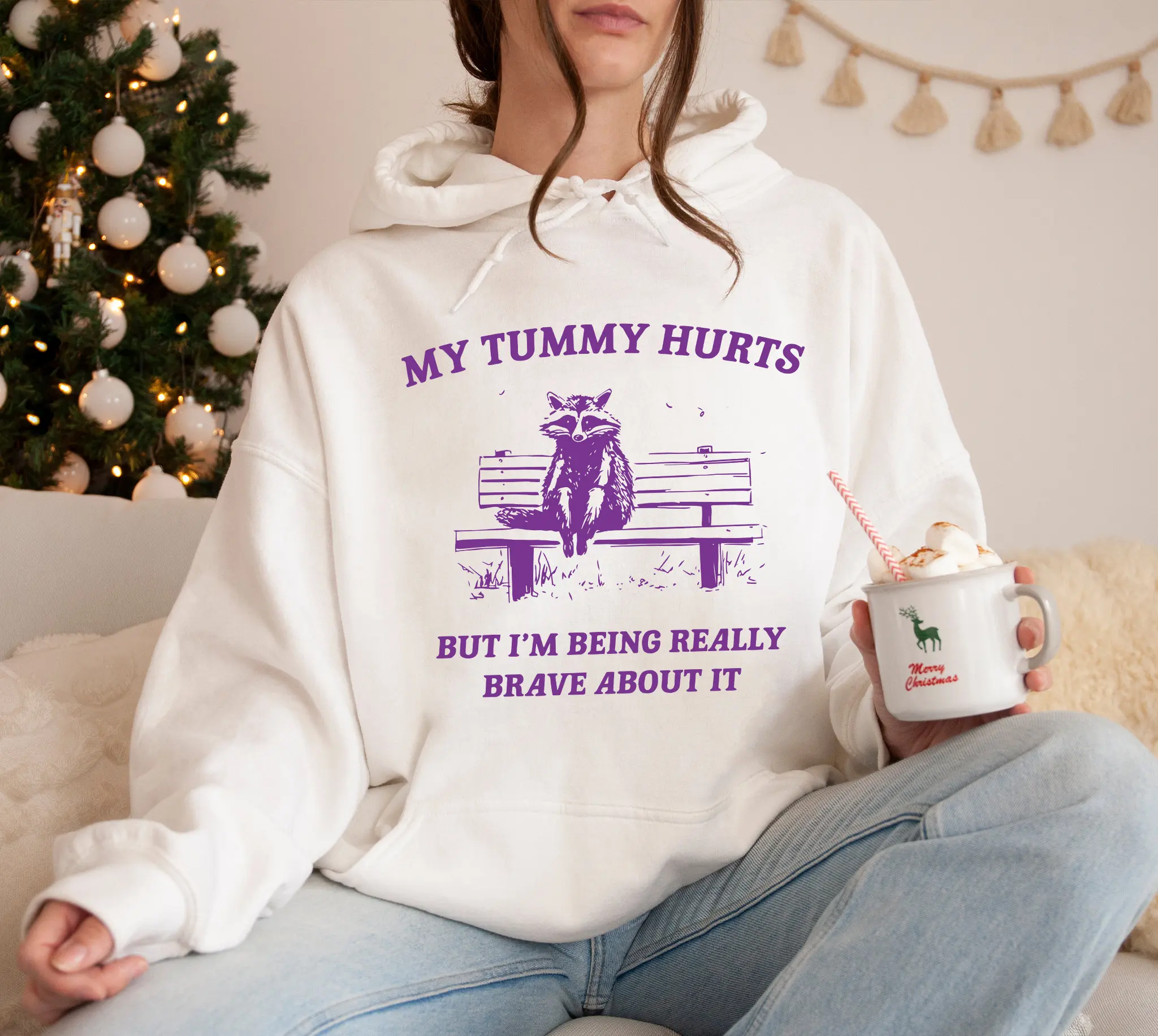 

My Tummy Hurts Raccoon Hoodie Sweatshirt Women Long Sleeve Sweatshirt Pullover Tops Fashion Vintage Autumn Winter Clothing