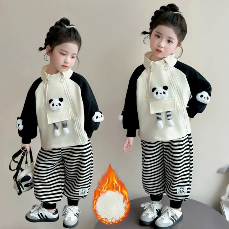 1-10 Years Girls Cartoon Panda 2-Piece Outfit Half Double Zipper Stand Collar Jacket + Striped Pants Winter Fleece Warm Set