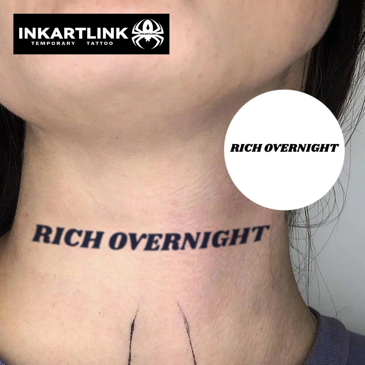 

INKARTLINK English slogan tattoo sticker for 1-2 weeks, long-lasting 'RICH OVERNIGHT' Gothic font waterproof temporary tattoo