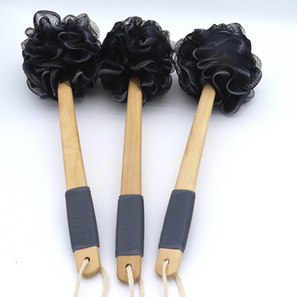 Black Bamboo Bath Loofah Sponge Body Scrubber Long Handle Wooden Bath Brush Mesh Foaming Ball Skin Clean Tool Bathroom Accessory