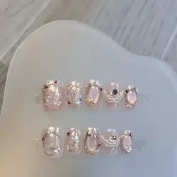 10Pcs New Shiny Handmade Press On Nails Short Ballet False Nails Full Cover Cat Eye Glitter Design Manicure Wearable Nail Tips