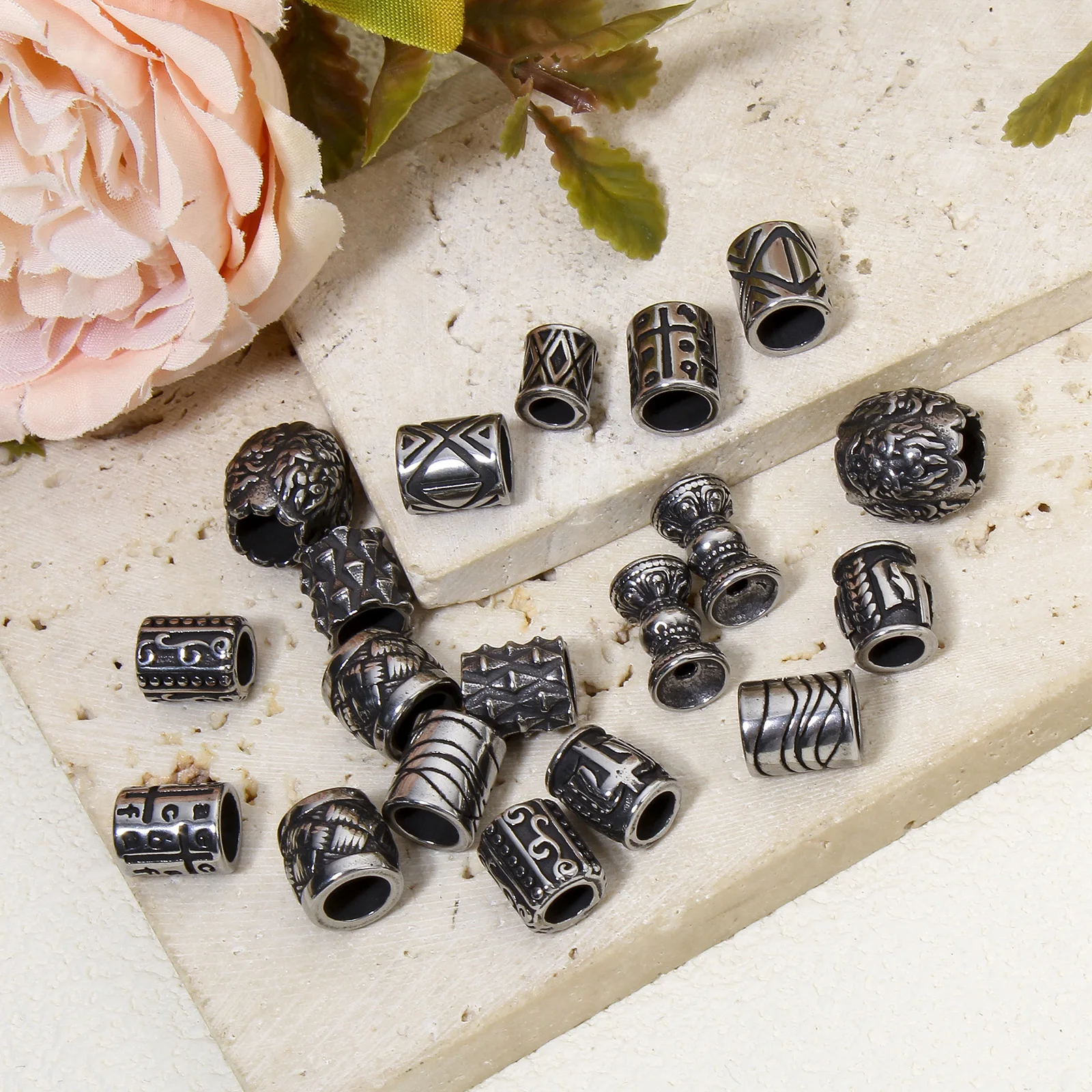 2 Pcs Vintage Cylindrical Beads 304 Stainless Steel Antique Silver Color Beads For Diy Charm Jewelry Making