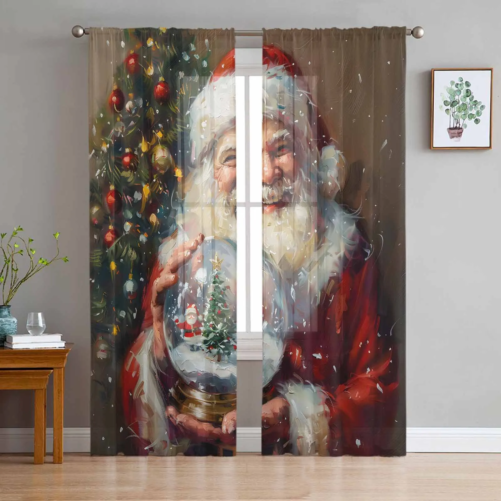 Christmas Santa Claus Christmas Tree Chiffon Sheer Curtains for Living Room Bedroom Decor Kitchen Window Voiles Tulle Curtain