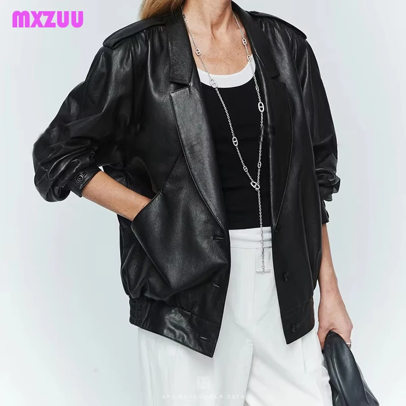 Simple Fashion Versatile Leather Jacket Autumn Women Plant Tanned Sheepskin Light Soft Retro Large V-Lapel Loose Casaco Feminino