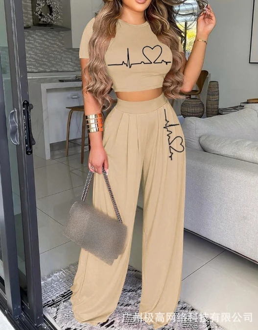 New Fashion Pant Set 2024 for Women's Summer Elegant Sexy Solid Color Love Print Round Neck Printed Hign Waist Wide-Leg Pantsuit