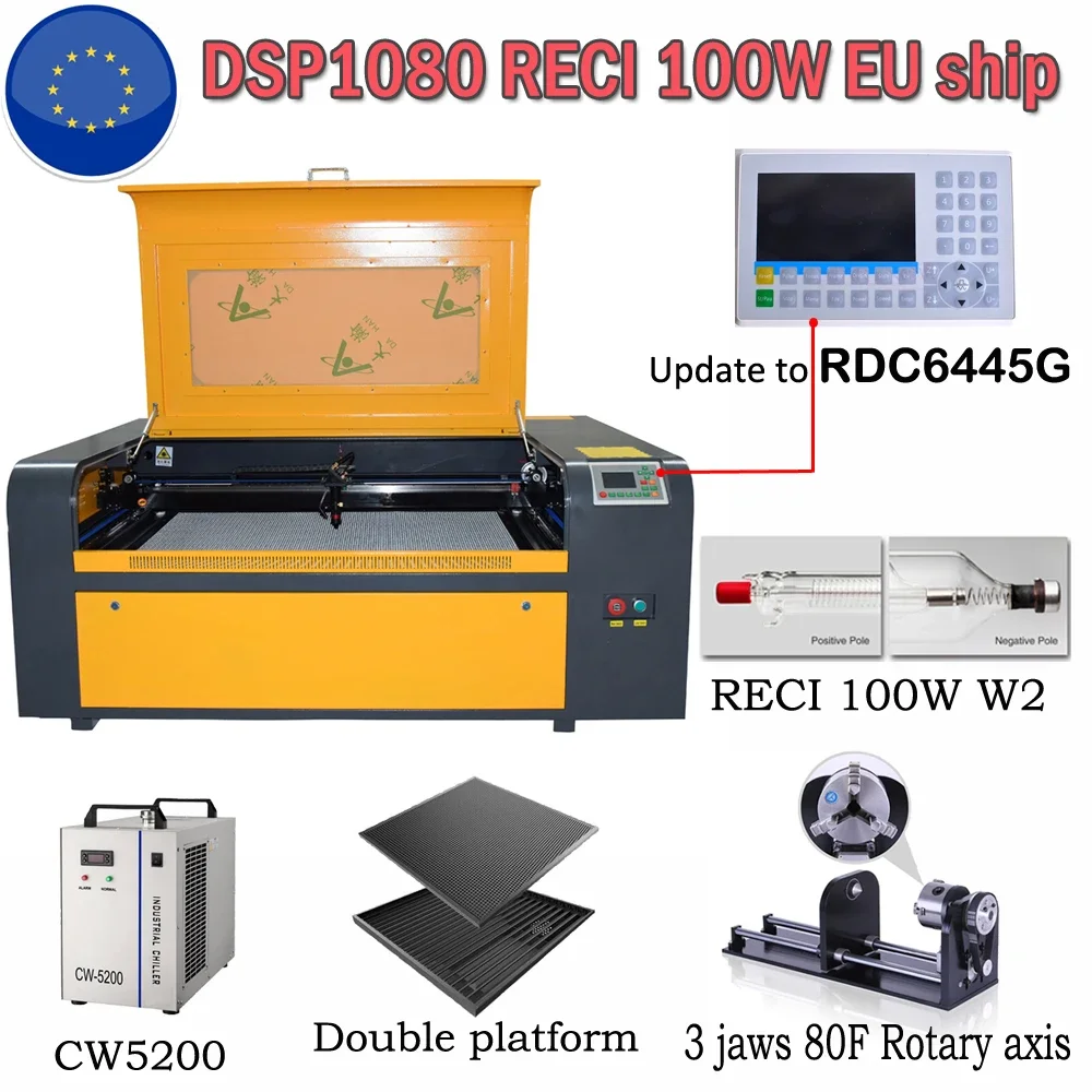 EU ship Reci 100W DPS SL-1080 CO2 laser engraving machine USB auto focus laser cutting machine DSP system engraving machine