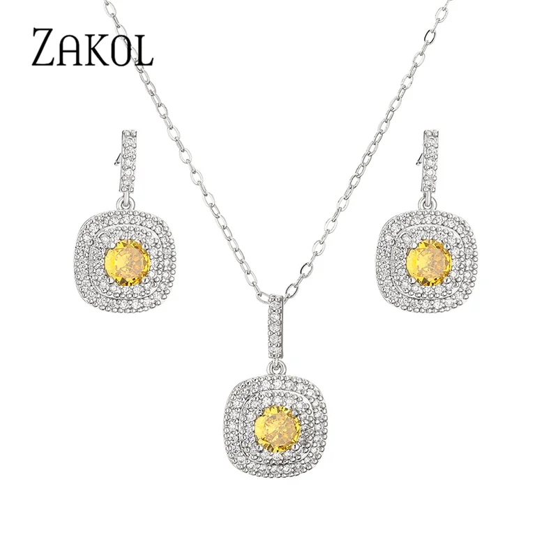 

ZAKOL Sliver Color Square Shape Zirconia Crystal Earrings Necklace Bracelets Set for Women Trendy Bridal Wedding Jewelry SP262